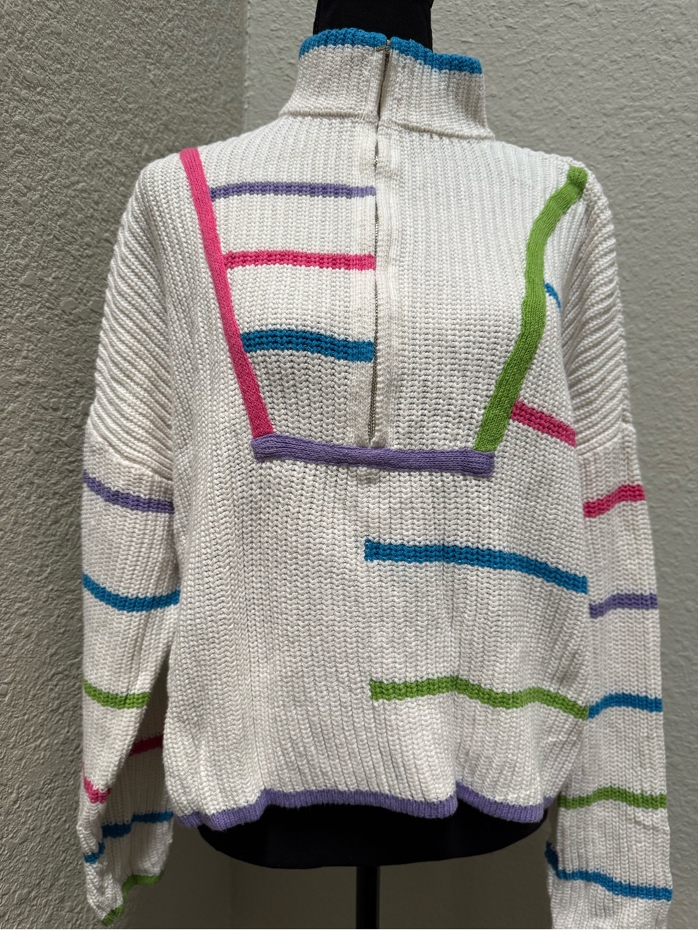 New York & Company White Knit Pullover with Pink, Purple, Blue & Green Stripes